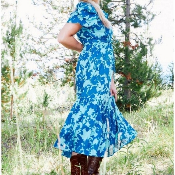 Olivia James Dresses & Skirts - Olivis James The Label Medium "Delia" Night Shadow Blue Ruffle Midi Dress #119